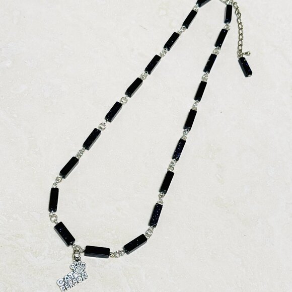 Dark Blue Goldstone Short Necklace w/ Silver Cat Person Paw Print Charm - Picture 7 of 14